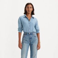 Odessa Long Sleeve Shirt - Light Wash | Levi's® US Classic Everyday Tops With Button Closure, Classic Button-up Tops For Daywear, Timeless Relaxed Fit Shirt For Spring, Everyday Relaxed Fit Button-up Shirt, Relaxed Fit Button-up Shirt For Casual Gatherings, Classic Button-up Tops For Everyday, Timeless Spring Button-up Shirt, Classic Shirt With Shirttail Hem For Fall, Timeless Relaxed Fit Button-up Shirt