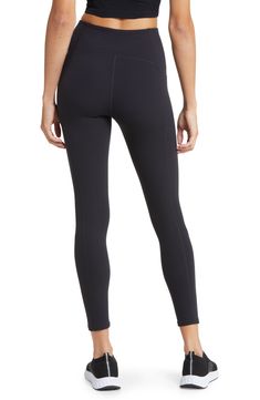 Sculpted flatlock seams define athletic leggings with a supportive mesh layer inside the front waistband and a handy pocket to stash your phone. Made from a stretch-nylon fabric, these high-performance leggings have a silky, buttery feel balanced by lasting durability. 24" inseam; 8 1/2" leg opening; 11" front rise; 13" back rise (size Medium) Pull-on style Drop-in pocket Moisture-wicking fabric engineered for dryness and comfort 74% nylon, 26% spandex Machine wash, tumble dry Imported Workout Activewear With 5-inch Inseam And Side Pockets, Activewear With Side Pockets For Sports, Functional Yoga Pants With Contoured Waistband, Athleisure Activewear With Pockets And 5-inch Inseam, Midweight Athleisure Bottoms With Functional Pockets, Activewear With Side Pockets And 5-inch Inseam For Workout, Workout Activewear With Side Pockets And 5-inch Inseam, Compressive Leggings With Functional Pockets, Sporty Compression Activewear With Functional Pockets