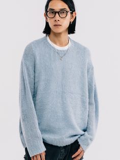 Editor's NotesThis pullover sweater is used brushed Mohair-like soft knit material. Good for layering or wearing alone.- Pullover closure- Soft touch- Mohair-like brushed knit material- Good for layering- Minimal itemMeasurements(in.)M/L- Total length: 25.19 / 26.37 in.- Shoulder: 21.25 / 22.44 in.- Chest: 24.01 / 25.19 in.- Sleeve: 21.85 / 22.44 in.Model infoMan - Height: 5'93 Fitting size LComposition & Care- 100% Acrylic- Dry cleaning onlyDesigner- by VASTIC Casual Blue Mohair Sweater, Winter Soft Knit Mohair Tops, Soft Textured Crew Neck Sweater For Layering, Soft Textured Blue Sweater For Winter, Casual Mohair Textured Knit Sweater, Blue Textured Knit Sweater For Layering, Soft Textured Relaxed Fit Sweater For Layering, Soft Knit Sweater For Layering, Relaxed Fit Sweater With Soft Texture For Layering