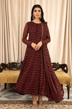 Rusty Brown Shade Embroidered Pakistani Party Wear Long Frock Long Frock Models, Pakistani Frocks, Pakistani Gown, Pakistani Party Dresses, Frock Models, Party Wear Frocks, Lawn Dresses, Red Shawl, Frock Style