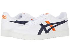 ASICS Tiger Japan S - Men's Shoes : White/Marigold Orange : Heritage style and classic sportiness meet with the ASICS Tiger Japan S sneakers. Casual shoes with leather uppers in a low-top silhouette. Perforated toe box and side panels for added airflow. Lace-up closure for a custom fit. Padded tongue and collar. Breathable textile lining. Padded footbed. Flexible rubber outsole. Imported. Measurements: Heel Height: 1 1 4 in Weight: 14.4 oz Platform Height: 3 4 in Product measurements were taken White Textile Running Shoes With Contrast Sole, Sporty Mid-top Sneakers For Light Sports, Sporty Low-top Basketball Shoes With Contrast Sole, Lace-up Basketball Shoes With Vulcanized Sole For Light Sports, Sporty Lace-up Basketball Shoes With Vulcanized Sole, Sporty Lace-up Basketball Shoes With Perforated Toe Box, Low-top Basketball Shoes With Rubber Sole, White Running Shoes With Contrast Sole For Sports, Basketball Shoes With Perforated Toe Box For Light Sports