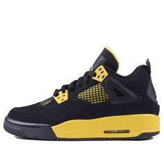 The Air Jordan 4 Retro 'Thunder' was first released in 2006 to much fanfare. The shoe was designed by world-renowned shoe designer, Tinker Hatfield, and features a unique black nubuck upper with contrasting yellow hits on the netting, lacing units, lining, and midsole. The shoe is finished off with white Jumpman logos on the tongue, heel, and outsole. The 'Thunder' colorway is one of the most popular colorways of the Air Jordan 4 Retro and is sure to be a hit with fans of the series. (AJ4/SNKR/High Top/Basketball) Air Jordan 4 Lace-up With Abzorb Midsole For Streetwear, Sporty Air Jordan 4 With Abzorb Midsole, Air Jordan 4 Leather Sports Shoes With Rubber Sole, Air Jordan 4 Leather With Rubber Sole For Sports, Sporty Air Jordan 4 For Streetwear With Rubber Sole, Sporty Air Jordan 4 With Rubber Sole For Streetwear, Air Jordan 4 High-top With Rubber Sole, Air Jordan 4 Breathable For Streetwear, Sporty Air Jordan 4 Low-top With Abzorb Midsole