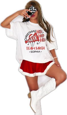 White Custom Print Christmas Tops, White Christmas Tops With Custom Print, Pre-shrunk White Christmas Shirt, White Pre-shrunk Christmas Tops, White Christmas Shirt With Letter Print, White Christmas Letter Print Shirt, Custom Cheer Shirts, Cheer Shirt, Cheer Shirts