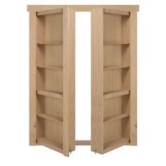 an open wooden bookcase with shelves on each side and doors to the other side