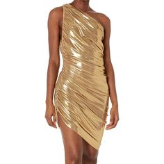 Norma Kamali Chic Draped Gold Dress, Chic Gold Draped Dress, Glamorous Draped Dress For Date Night, Gold Bodycon Dress For Holiday, Gold Ruched Mini Dress For Formal Occasions, Gold Evening Style Mini Dress For Summer, Gold Mini Dress For Summer Evenings, Holiday Gold Bodycon Dress, Gold Ruched Mini Dress For Cocktail