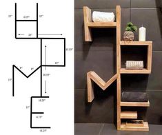 a bathroom wall shelf with two shelves on it and the measurements for each shelf below