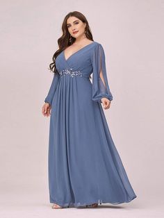 Plus Size Long Sleeves Dusty Navy Floral Applique Evening Dress Plus Size Evening Dresses, Plus Size Formal, Evening Dresses With Sleeves, Ever Pretty, Evening Dresses Plus Size, Affordable Dresses, فستان سهرة, Chiffon Long Sleeve, Maxi Dress Evening