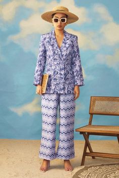 Buy Rishi & Vibhuti Purple Crepe Printed Blazer And Pant Set Online | Aza Fashions Blazer Coord Set, Tunic With Pants, Resort Party, Purple Tropical, Cotton Night Dress, Co Ords Outfits, Summer Blazer, Long Kurti Designs, Coord Set