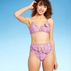 Shade & Shore Asymmetrical Ruffle Bikini Set Size Medium 8-10 Triangle Top With Removable Pads Low Coverage High Waist Cheeky Bottom New With Tags Top - $19.99 / Bottoms - $22.99 Purple / Pink / Multicolor Mystic Mauve / Ag766t / Ag767b Swimsuit, Summer, Boho, Geometric Print Purple Ruffled Swimwear For Vacation, Purple Ruffled Swimwear For Beach Season, Purple Ruffled Swimwear For Beach, Purple Ruffled Beachwear Swimwear, Purple Ruffled Swimwear For Swimming, Black And White Swimsuit, Boho Geometric, Summer Boho, Pink Ruffle