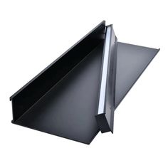 a black metal shelf with an angled corner