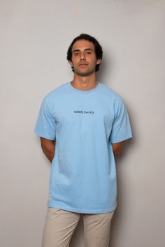 Short sleeved t-shirt in baby blue color. Slightly oversized in a medium weight cotton. Designed in Spain for our Capsule I: "Tier 1" Made out of 100% cotton, 200gsm. Embroidered on the front part and serigraphy on the back. Iconic star embroidered on right sleeve in white color. Statement label embroidered on bottom right. Pre-shrunk & Pre-washed to avoid shrinkage. He: 1,85m (6’1’’) / Size XL She: 1,63m (5’3’’) / Size M Tier 1, Baby Blue Color, Baby Blue Colour, Oversized Style, Medium Weight, Making Out, White Color, Baby Blue, Spain