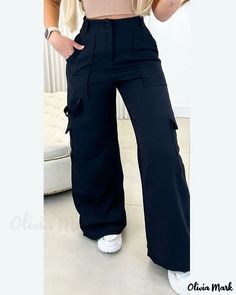 Olivia Mark - Wide-Leg Cargo Pants with Pocket Design Wide Legged Cargo Pants, High Waist Pants With Multiple Pockets For Work, High Waist Work Pants With Multiple Pockets, Wide Leg Workwear Bottoms With Multiple Pockets, Wide Leg Bottoms With Multiple Pockets For Work, Non-stretch Wide Leg Cargo Pants For Workwear, Workwear Trousers With Multiple Pockets, Non-stretch Workwear Bottoms With Pockets, Non-stretch Full Length Work Pants With Pockets