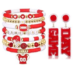 PRICES MAY VARY. ✔Football Bracelet for Women: Cheer on your favorite football team in these charming football jewelry accessories! Inspired by football teams, including 8 pieces heishi bracelet consist of gold beads and polymer clay beads with letter ‘GAME DAY’ and football charms accent, a pair of acrylic game day earrings, features a unique blend of eye-catching red and black colors. They will speak volumes without ever having to cheer, it's your perfect accessory for showing off team spirit Team Mom Football Gifts, Football Mom Outfit, Holiday Bracelet, Football Jewelry, Heishi Bracelets, Outfits Jewelry, Bracelets Red, Football Bracelet, Women Football