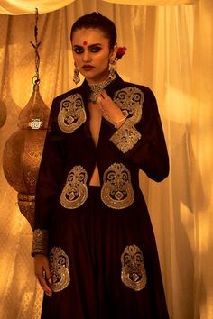 Black full sleeve jacket with gold marodi embroidery in floral placement pattern and mandarin collared neckline. Paired with pant. - Aza Fashions Designer Long Sleeve Dabka Choli, Designer Long Sleeve Choli With Dabka Details, Designer Dabka Choli With Long Sleeves, Long Sleeve Nehru Jacket With Cutdana For Party, Festive Long Sleeve Outerwear With Cutdana, Traditional Long Sleeve Set With Gold Embroidery, Party Nehru Jacket With Long Sleeves And Dabka Detailing, Long Sleeve Bandhgala For Parties And Festivals, Gold Anarkali Set With Long Sleeves