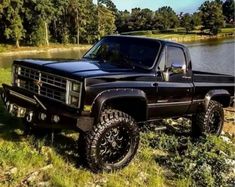 a black truck parked next to a lake in the grass with trees and bushes behind it