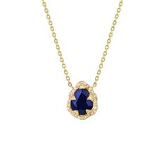 Micro Queen Water Drop Blue Sapphire Necklace with Sprinkled Diamonds Yellow Gold 16"  by Logan Hollowell Jewelry Blue Pear-shaped Sapphire Necklace, Fine Jewelry Sapphire Drop Necklace, Teardrop Sapphire Necklace In Fine Jewelry Style, Fine Jewelry Sapphire Teardrop Necklace, Blue Rose Cut Diamond Pendant Necklace, Blue Pendant Necklaces With Rose Cut Diamonds, Formal Blue Necklace With Rose Cut Diamonds, Gold Teardrop Sapphire Necklace, Elegant Blue Necklaces With Rose Cut Diamonds