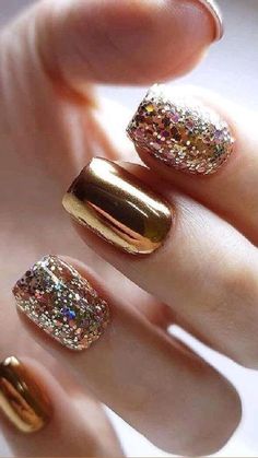 nail art Golden Nail Art, Emerald Nails, Golden Nails, Gold Nail Designs, Gold Nail Art, Fall Nail Art Designs, Silver Nail, Gold Nail, Her Nails