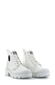 A tonal logo patch accentuates the sporty style of a high-top–inspired bootie set on a sturdy lugged sole. Style Name:Palladium Pallabase Bootie (Women). Style Number: 6073936. White Textile, Sporty Style, Women Style, Up Styles, Golden Goose Sneaker, High Top, Bootie, Patch Logo, Women's Shoes