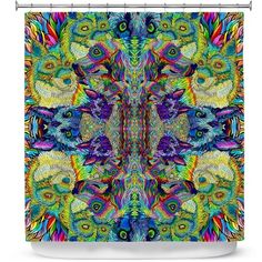 a colorful shower curtain with an abstract design