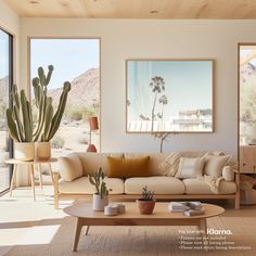 a living room filled with furniture and cactus in front of two large windowed walls