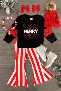 "Merry" Stripe Denim Bell Bottom Set Country Baby Girl, Denim Bell Bottoms, Holiday Fits, Western Baby, Sparkle In Pink, Toddler Stuff, Trendy Christmas Outfits, Christmas Clothes, Baby Fits