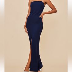 Never Used Size 2 Fit Perfect On Body Blue Party Midi Dress With Straight Neckline, Blue Midi Dress With Straight Neckline For Party, Elegant Blue Strapless Dress For Prom, Blue Maxi Dress With Straight Neckline For Party, Blue Maxi Dress With Straight Neckline For Evening, Blue Midi Dress With Straight Neckline For Date Night, Blue Strapless Maxi Dress For Night Out, Fitted Blue Midi Dress For Prom Season, Fitted Blue Midi Dress For Prom