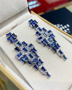 ENJOY OUR WORRY-FREE SERVICE AND THE DAZZLING, GENUINE JEWELRY WE DESIGN AND HANDCRAFT WITH LOVE❤️ ABOUT THE ITEM: JUST ONE WORD I HAVE FOR THESE EARRINGS: GLAMOROUS! IF YOU ARE LOOKING FOR A GORGEOUS AND LONG, CHANDELIER EARRINGS THAT WILL ABSOLUTELY MAKE EVERYBODY STOP AND STARE! LOOK NO FURTHER! WE ARE PRESENTING YOU A STUNNING PAIR OF CEYLON BLUE SAPPHIRES AND NATURAL DIAMONDS, SET IN LUXURIOUS AND BEAUTIFUL 18K SOLID WHITE GOLD, CHANDELIER EARRINGS! ONE OF A KIND! CUSTOM DESIGNED! Made by o Wedding Royal Blue, Long Diamond Earrings, Chandelier Wedding, Wedding Royal, Diamond Chandelier Earrings, Wedding Chandelier, Gold Chandelier Earrings, White Gold Earrings Studs, Gem Earrings