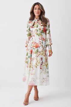 Lydia Millen Crinkle Chiffon Floral Pussybow Midi Dress | Karen Millen Classy Midi Dress, Classy Midi Dresses, Lydia Millen, Lydia Elise Millen, Pastel Floral Dress, Neutral Fall Outfits, Midi Dress Outfit, Mother Clothing, Karen Millen Dress