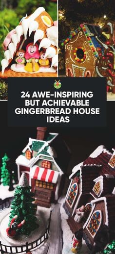 gingerbread houses are decorated with icing and decorations