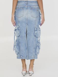 Cargo midi skirt in sky blue cotton denim. It features zip and button closure, multi-pocket design, belt loops and The Attico logo embroidered at the back. Regular fit. The model is 180cm tall and wears size 26.Size nationality: US Product number: 35704336 Product code: WCS189D073024 Composition: 100% cotton Blue Denim Utility Skirt, Spring Utility Denim Blue Denim Skirt, Denim Blue Skirt With Side Pockets, High Rise Denim Skirt With Side Pockets, Spring Denim Blue Skirt With Side Pockets, Blue Denim Skirt With Side Pockets For Spring, Denim Blue Cargo Skirt For Spring, Blue Denim Skirt With Patch Pockets For Spring, Spring Blue Denim Skirt With Patch Pockets