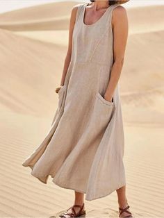 Mid-Calf Cotton Linen Sundress Sleeveless Cotton Dress, Cotton Linen Dresses, Vestidos Vintage, Straight Dress, Khaki Dress, Long Summer Dresses, Sleeveless Maxi Dress, Pocket Dress, Linen Dresses