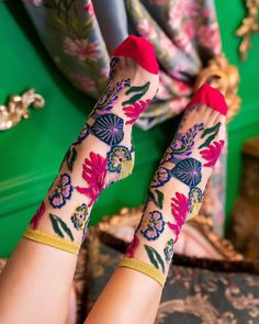 Looking for a floral sock that can work for all your celebratory festivities? Our Festive Floral sheer sock is guarantee to become your go-to style, decked out in navy and green winter florals paired with a gold shimmer heel and cuff. Dress it up with brocade heels or dress it down with sneakers. One Size. Recommended fit US W5.5-10. 200 Needle Count. ✨ Funky yet elegant - no silly or childish patterns 🧦 Premium quality - durably made with comfortable stretch 👗 Unique - the perfect accessory t Socks That Look Like Shoes, Womens Dress Socks, Socks And Loafers Women, Sheer Socks With Heels, Socks With Sneakers, Jaguar Black, Winter Florals, Velvet Socks, Floral Socks