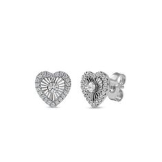 Treat yourself or your loved ones to the sparkle of this stunning diamond heart stud earrings. Crafted in sterling silver, each stud showcases a sparkling round cut diamond prong set at the center of a heart shape frame, artfully set with a miracle plate to enhance the look and sparkle. Round diamond line along the edges of the heart shape frame completing this beautiful look. These earrings are secured by post with friction back. Dazzling with 1/5 ct.t.w. of diamonds and a brilliant buffed lust Vvs Clarity Diamond Earrings For Valentine's Day, Valentine's Day Round Diamond Earrings With Vvs Clarity, Valentine's Day Vvs Clarity Diamond Round Earrings, Diamond White Round Cut Earrings For Valentine's Day, Diamond Heart Earrings With Vvs Clarity As Gift, Heart-shaped Diamond Earrings With Vvs Clarity For Gift, Silver Heart Cut Diamond Earrings With Vvs Clarity, Fine Jewelry Sterling Silver Heart Earrings Brilliant Cut, Heart Cut Diamond White Sterling Silver Earrings