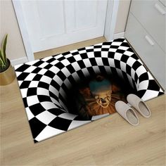 a black and white checkered door mat with a skull in the center on it