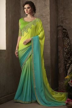 Chiffon Silk Fabric Embroidered Wedding Wear Beautiful Saree Design University, Party Wear Sarees Online, Eternal Beauty, Party Wear Saree, Satin Saree, Green Saree, Utsav Fashion, Indian Clothes, Wear Saree