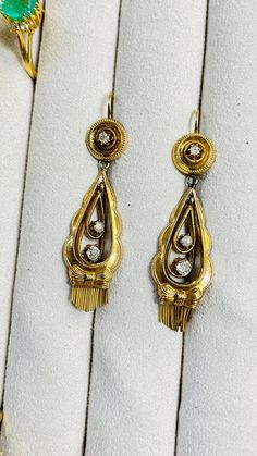 2" Antique Yellow Gold Diamond Earrings, Antique Yellow Gold Earrings With Diamond Accents, Antique Yellow Gold Earrings For Formal Events, Antique Yellow Gold Earrings For Formal Occasions, Elegant Drop Earrings With Screw Back, Victorian Gold Round Diamond Earrings, Gold Victorian Diamond Earrings, Antique Yellow Gold Diamond Earrings With Accents, Antique Hallmarked Formal Diamond Earrings