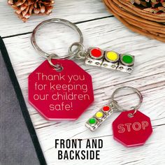 two red and green stop signs with the words, thank you for keeping our children safe