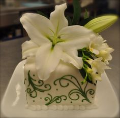 a white flower in a green and white vase