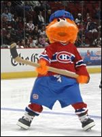 a mascot is standing on the ice with a hockey stick in his hand and people watching