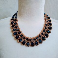 Brand New Adjustable Blue Bib Necklace For Party, Blue Metal Beaded Necklace As Gift, Blue Metal Beaded Necklace For Gift, Blue Bohemian Necklaces For Party, Elegant Blue Bib Necklace For Party, Adjustable Blue Beaded Necklaces For Party, Handmade Blue Jewelry For Party, Blue Handmade Jewelry For Party, Adjustable Blue Jewelry For Party