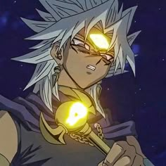 an anime character with glowing yellow eyes holding a wand in his hand and looking at the camera