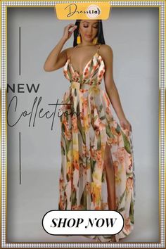 Sexy Floral Print Spaghetti Strap Backless Maxi Dress Chic Chiffon Sundress For Party, Trendy V-neck Party Sundress, Trendy Strappy Beach Dress, Chic Strappy Sundress For Party, Summer Sundress With Spaghetti Straps For Party, Spring Party Strappy Maxi Dress, Flirty Sundress With Straps For Party, Flirty Party Sundress With Straps, Chiffon Sundress With Spaghetti Straps For Parties