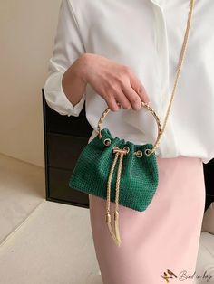 BirdinBag - Green Rhinestone Mini Drawstring Bucket Bag with Elegant Decor Elegant Bucket Bag With Rhinestones, Elegant Rhinestone Bucket Bag, Green Bucket Bag For Evening, Elegant Green Handheld Bucket Bag, Elegant Green Bucket Bag, Elegant Handheld Pouch With Adjustable Strap, Green Details, Drawstring Bucket Bag, Elegant Decor