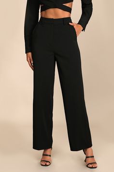 From work to happy hour, get down to business with the Lulus So Get This Black High-Waisted Wide-Leg Trouser Pants! Lightweight stretch-woven fabric shapes these pants with a high-rise waist, belt loops, and a hidden top clasp with a hidden zip fly. Two diagonal pockets accent wide pant legs that end at ankle-grazing hems. Pair with the matching top for a complete look! Fit: This garment fits true to size. Length: Ankle length. Size medium Inseam: 30.00 Front Rise: 13.25 Waist: Fitted - very fit Black Pants Work, Dress Pants Outfit, Dress Pants Women, Dress Pants Outfits, Formal Pants, Black Slacks, Women Formals, Black Trousers, Black Dress Pants