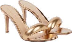 Luxury Metallic Open Toe Mules, Luxury Metallic Mules For Party, Luxury Metallic High Heel Mules, Luxury Gold Open Heel Mules, Sleek Gold Sandals With Pointed Toe, Luxury Party Slides, Gold Pointed Toe Mules With Padded Heel, Luxury Gold Mules With Padded Heel, Luxury Gold Mules For Spring