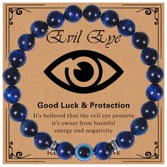 PRICES MAY VARY. Evil Eye Beaded Bracelet: Evil Eye Bracelets symbol for luck, good fortune, protection, happiness and prosperity. It is said that wearing this blue evil eye bracelet could be a protection amulet to ward off misfortune and can bring good luck when entering a potentially negative environment(Our Evil Eye Bracelet comes with a beautiful gift box and gift card) Lapis lazuli Stone Bracelet for Protection: Tiger Eye Stone on our Evil Eye Bracelet has a definite effect on removing nega Evil Eye Bracelet For Men, Evil Eye Beaded Bracelet, Blue Evil Eye Bracelet, Amulet Jewelry, Prosperity Bracelet, Kyanite Bracelet, Luck Spells, Eye Bracelets, Bracelet Evil Eye