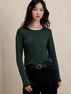 Timeless T-Shirt | Banana Republic Factory Classic Long Sleeve Relaxed Fit T-shirt, Classic Green Long Sleeve T-shirt, Banana Republic Sweater Women, Banana Republic Womens Tops, Banana Republic Sweater, Banana Republic Factory, Foundation Piecing, Low Cut, Dress Pants