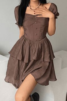 2023 Buy Tiered Puff Sleeve Corset Mini Dress under US$35 in Dresses Online Store. Free Shipping with US$69+. Check reviews and buy it today. Style: Casual/Street/Y2K/Sexy/Sweet/Vacation/Vintage Fabric Content: Polyester, Spandex Fit Type: Regular fit Sleeve Length: Short Sleeve Neckline: V Neck Length: Mini Dress Occasion: Holiday/Weekend Casual/Going Out/Festival/Dating/Travel Description: Embrace retro vibes with this charming corset mini dress. Its stretch puff sleeves and button embellishme Chiffon Corset, Top Prom Dresses, Dresses Vacation, Brown Flares, Puffy Dress, Dress Ruffles, Button Embellishments, Street Y2k, Brown Dresses