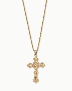 If you're looking for your next statement necklace that you can take from a bikini on the beach to a low-plunging neckline at night, look no further than the XL Crucifix. Weighing in at over 6 grams of solid 14k gold, this oversized cross is intricately detailed and boasts a conspicuous presence. Placed on our solid gold 2mm Rope Chain, the XL Crucifix weighs heavily around your neck in the best way possible. Cross necklaces are a piece of history, nodding to centuries of tradition and spiritual Luxury Yellow Gold Crucifix Cross Necklace, Luxury Ornate Cross Pendant Necklace, Luxury White Crucifix Necklace, Luxury Yellow Gold Fine Jewelry Cross Necklace, Cheap Gold Cross Chain Necklace, Luxury Cross Pendant Necklace For Wedding, Luxury Engraved Crucifix Cross Necklace, Luxury Gold Cross Diamond Necklace, Classic Luxury Yellow Gold Cross Necklace