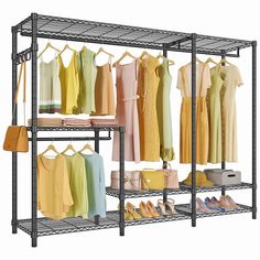 a rack with clothes and shoes on it